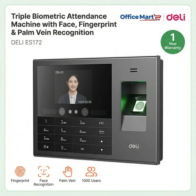 Deli ES172 Triple Biometric Attendance Machine with Face Recognition Fingerprint and Palm Vein Recognition for 1000 Users Malaysia