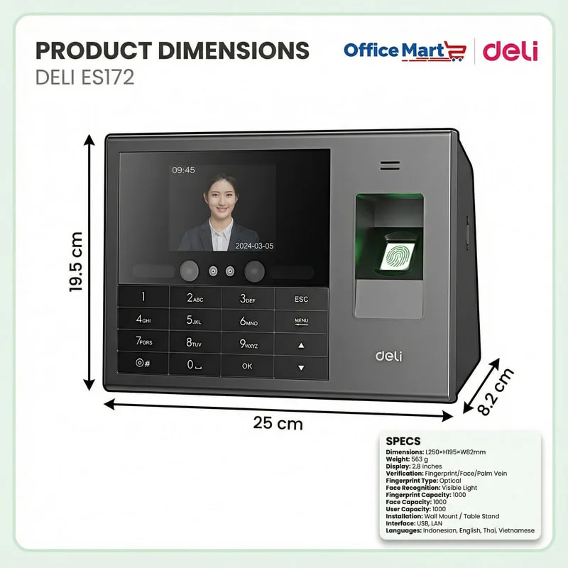 Deli ES172 Triple Biometric Attendance Machine Dimensions 250mm x 195mm x 82mm with Face Fingerprint and Palm Vein Recognition Malaysia
