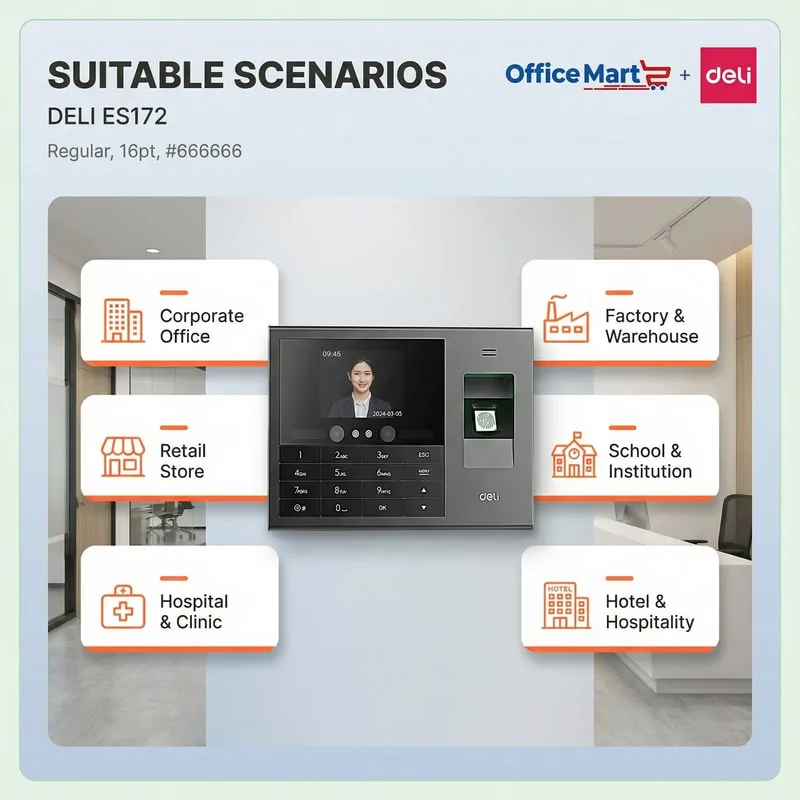 Deli ES172 Triple Biometric Attendance Machine Suitable for Corporate Office Factory Warehouse Retail Store School Hospital and Hotel Malaysia