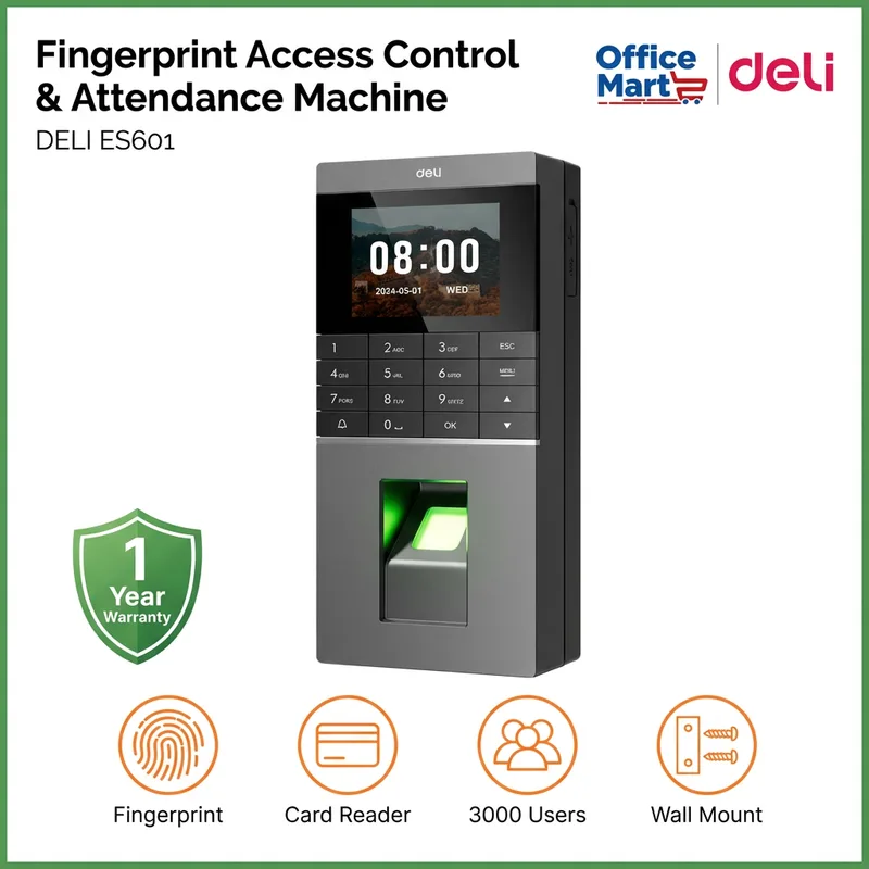 Deli ES601 Fingerprint Access Control and Attendance Machine with Card Reader 3000 Users and Wall Mount Design by Office Mart Malaysia