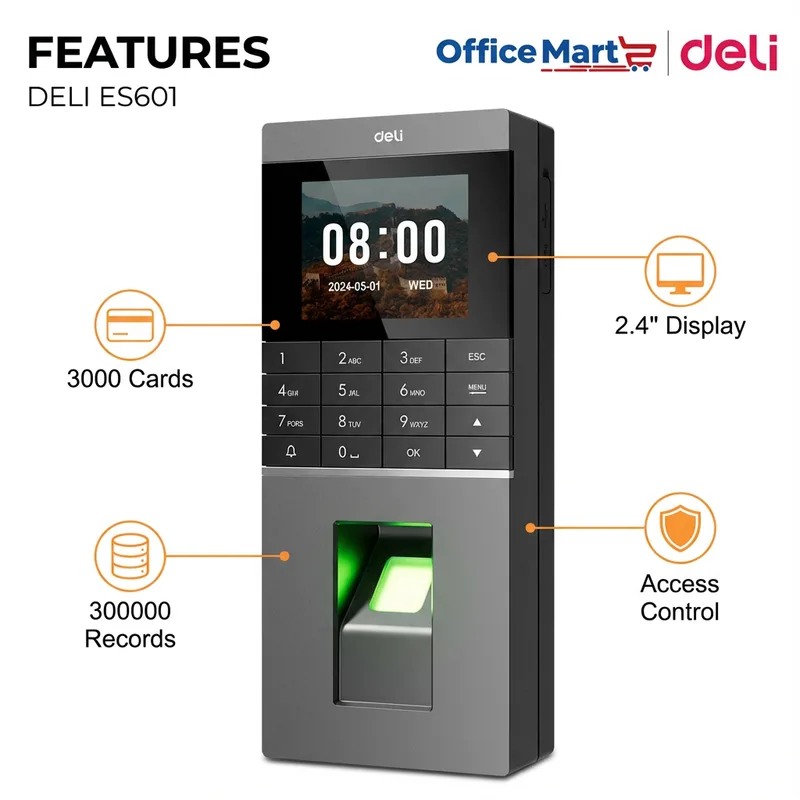 Deli ES601 Fingerprint Attendance Machine Features with 3000 Cards Capacity 300000 Records 2.4 Inch Display and Access Control by Office Mart Malaysia