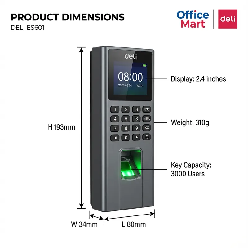 Deli ES601 Attendance Machine Dimensions 193mm Height 80mm Length 34mm Width with 2.4 Inch Display and 3000 Users Capacity by Office Mart Malaysia