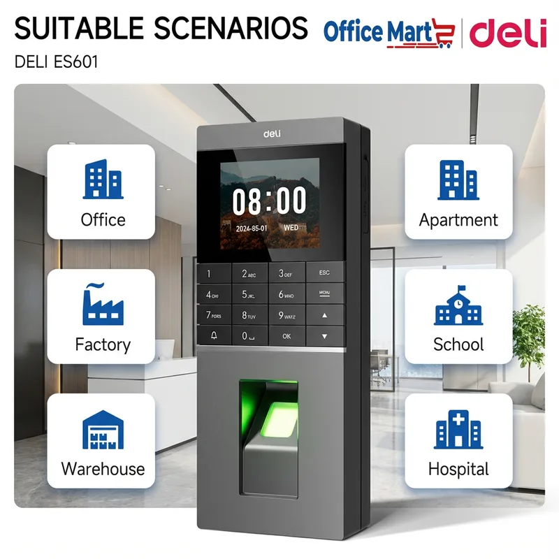 Deli ES601 Fingerprint Attendance and Access Control System Suitable for Office Factory Warehouse Apartment School and Hospital by Office Mart Malaysia