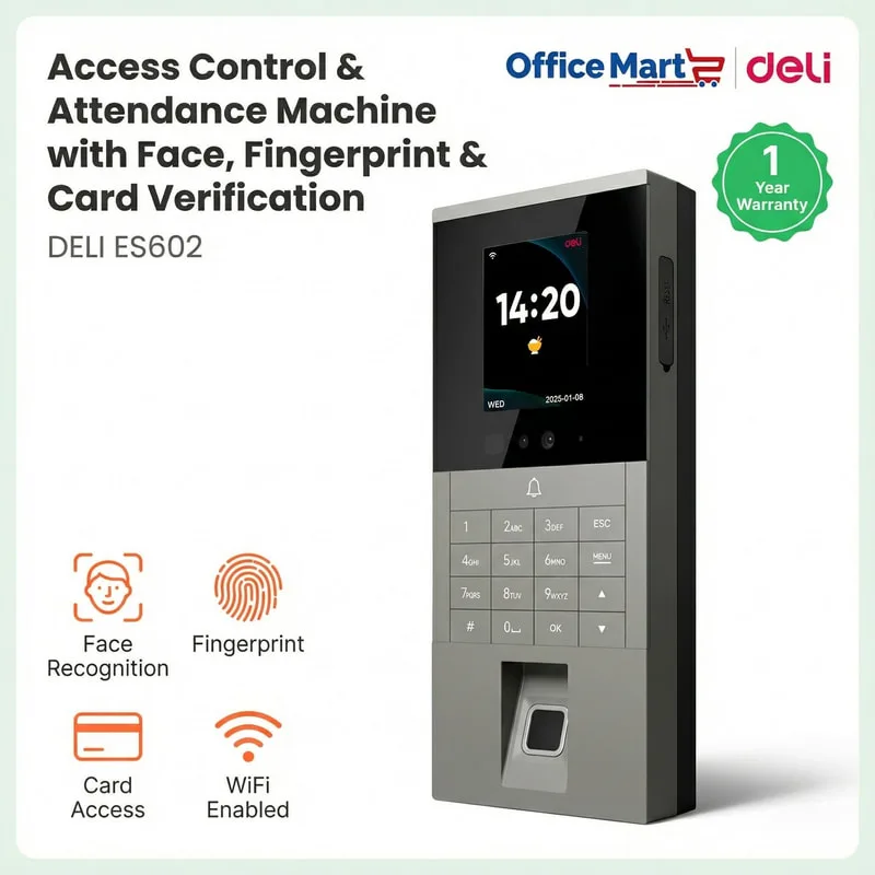 Deli ES602 Face Recognition Fingerprint and Card Access Control Attendance Machine with WiFi Connectivity by Office Mart Malaysia