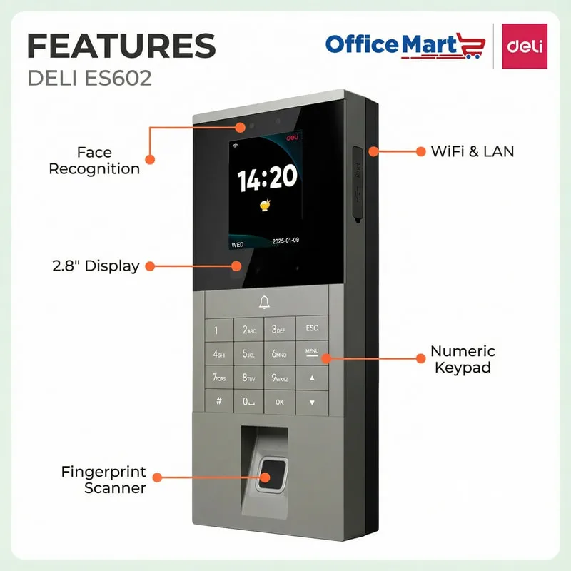 Deli ES602 Features with Face Recognition Fingerprint Scanner WiFi LAN Connectivity 2.8 Inch Display and Numeric Keypad by Office Mart Malaysia