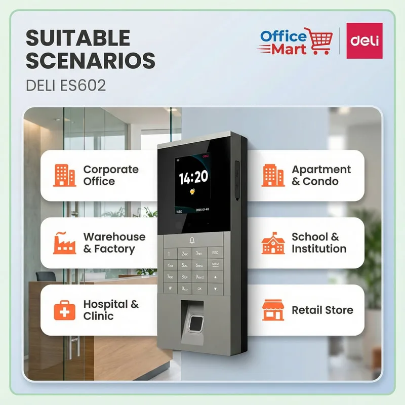 Deli ES602 Attendance and Access Control System Suitable for Corporate Office Apartment Condo Warehouse Factory Hospital Clinic School and Retail Store by Office Mart Malaysia