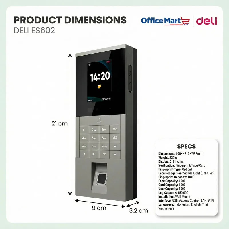 Deli ES602 Product Dimensions with Face Recognition Fingerprint Verification WiFi LAN and Card Access by Office Mart Malaysia