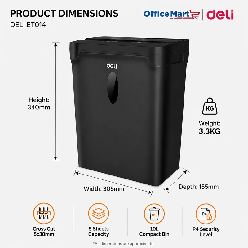 DELI ET014 5 sheet compact paper shredder dimension chart