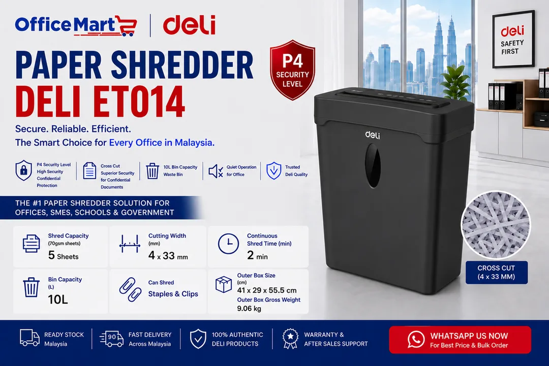Deli ET014 paper shredder Malaysia with P4 security level, 5-sheet shred capacity and 10L bin for office use