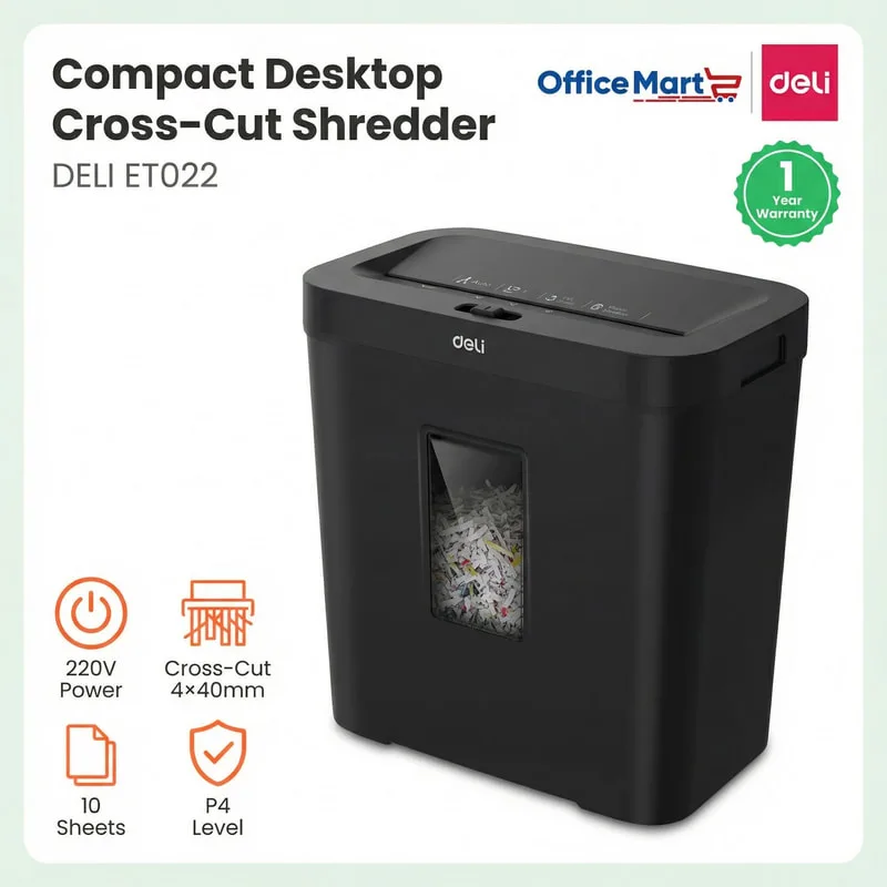 Deli ET022 compact desktop cross-cut shredder with 10 sheets capacity, P4 security and 1 year warranty Malaysia
