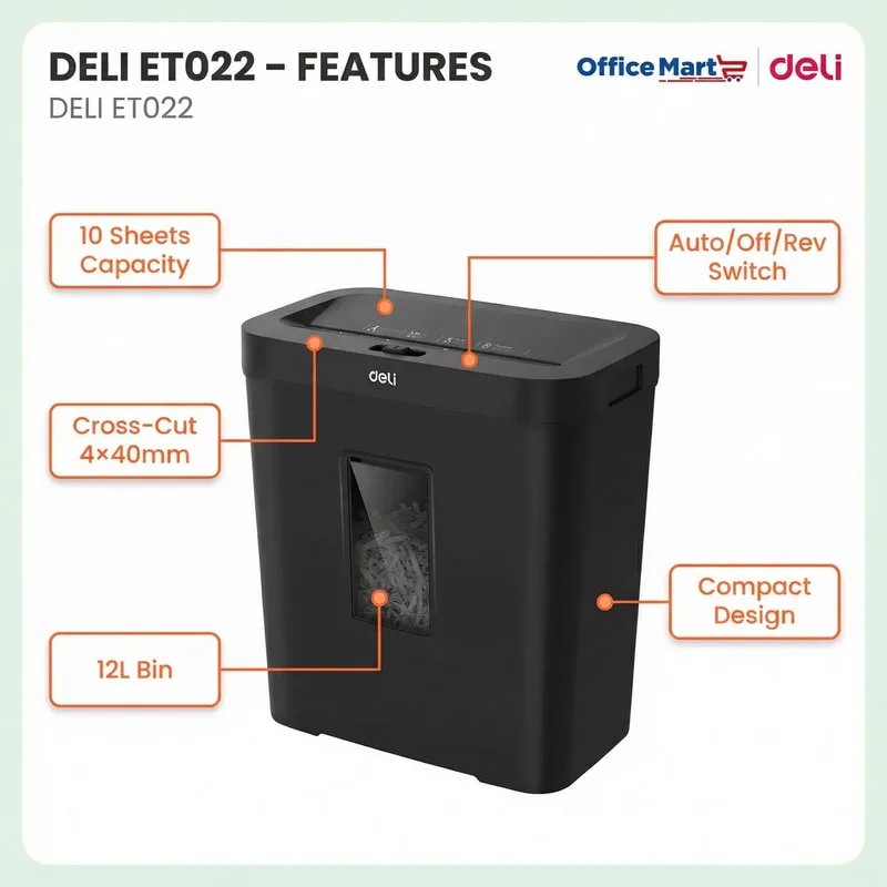 Deli ET022 paper shredder features 10 sheets capacity, cross-cut 4x40mm, 12L bin and compact design Malaysia