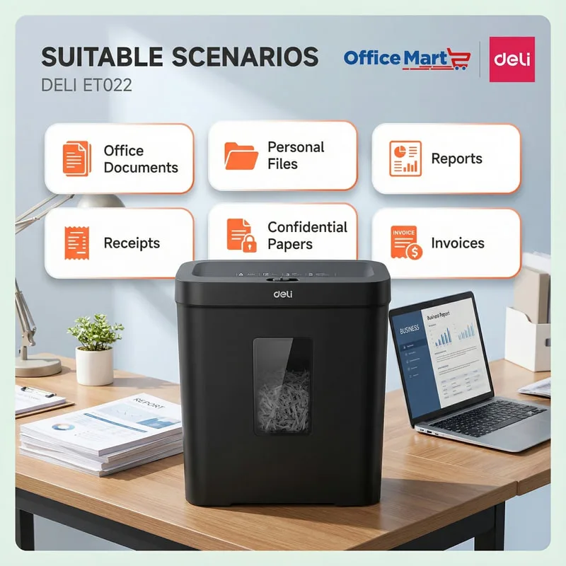 Deli ET022 paper shredder suitable for office documents, confidential papers, invoices, receipts and reports in Malaysia office