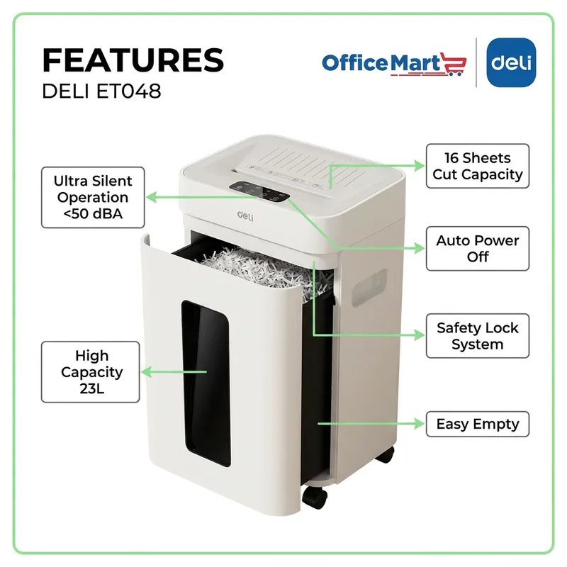 DELI ET048 paper shredder features 16 sheets capacity ultra silent 23L office shredder Malaysia