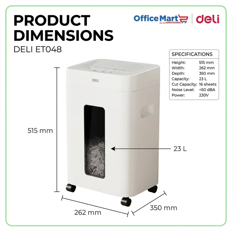 DELI ET048 paper shredder dimensions 515mm x 262mm x 350mm 23L office shredder Malaysia