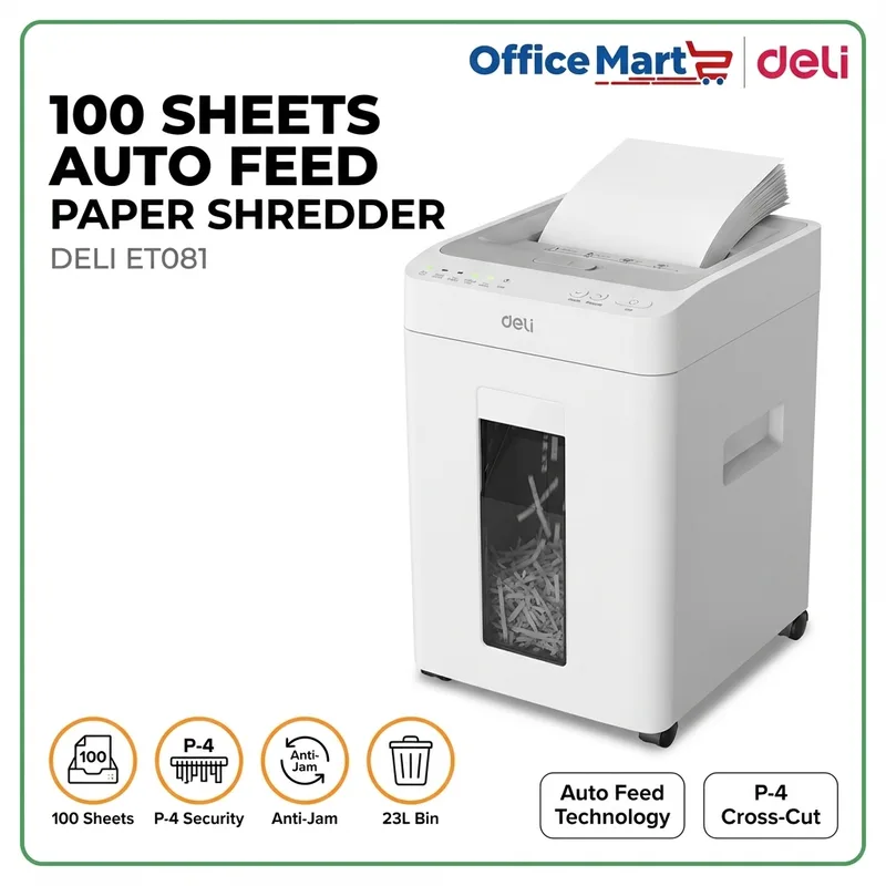 DELI ET081 100 sheets auto feed paper shredder with P-4 security and anti jam system Malaysia