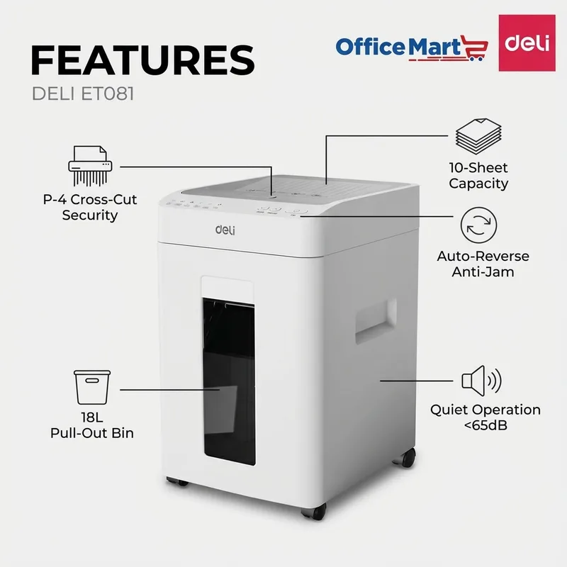 DELI ET081 paper shredder features with P-4 security, auto reverse anti jam and quiet operation Malaysia