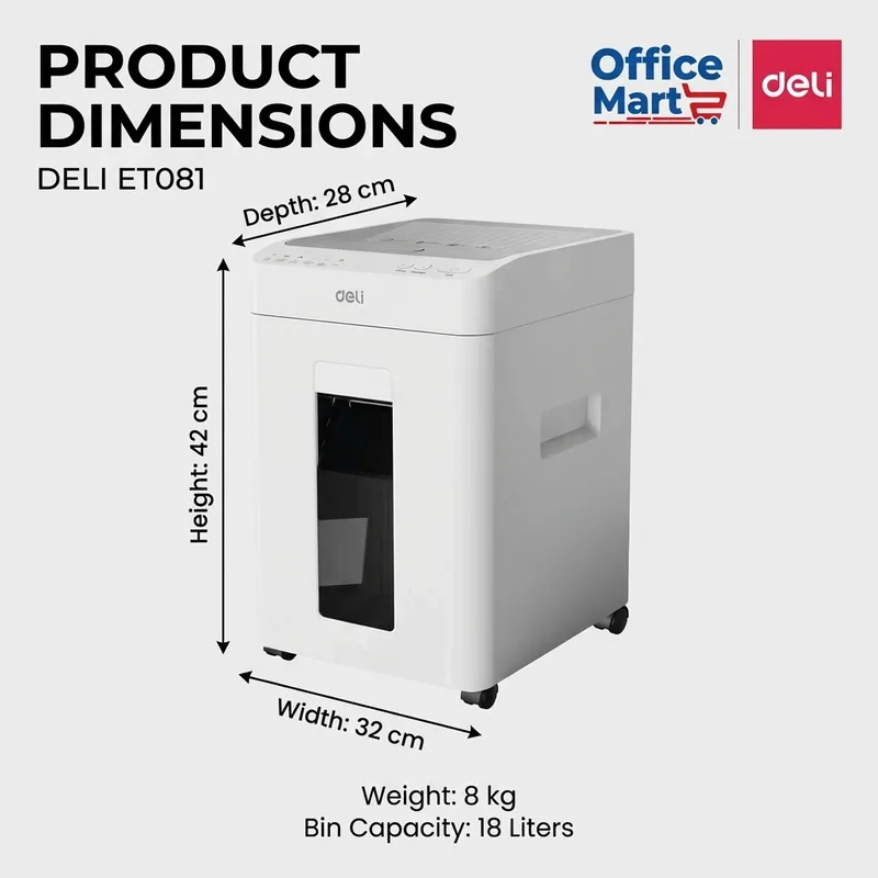DELI ET081 compact office paper shredder dimensions 42cm x 32cm x 28cm with 18L bin Malaysia