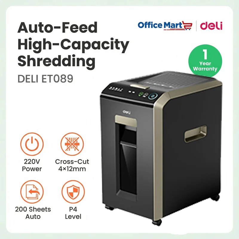 DELI ET089 auto feed high capacity paper shredder with 200 sheets auto feed and P4 security Malaysia