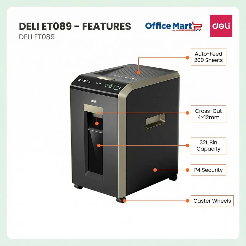 DELI ET089 paper shredder features with 200 sheets auto feed, 32L bin and cross cut P4 security Malaysia