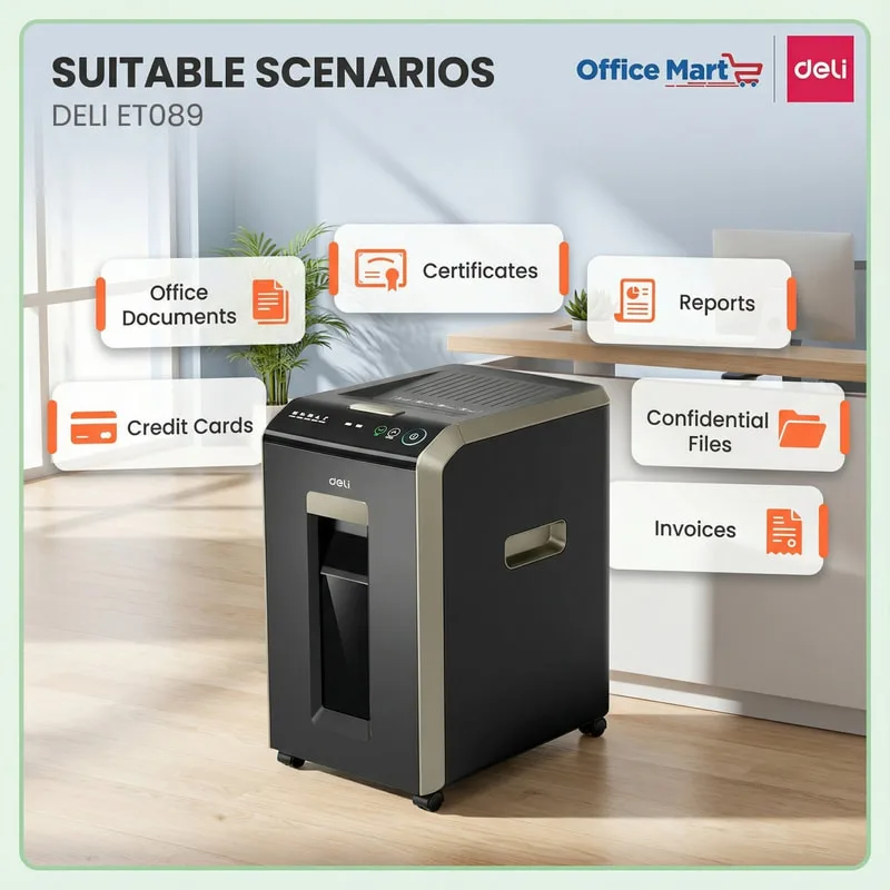 DELI ET089 office paper shredder for documents, certificates, invoices, confidential files and credit cards Malaysia