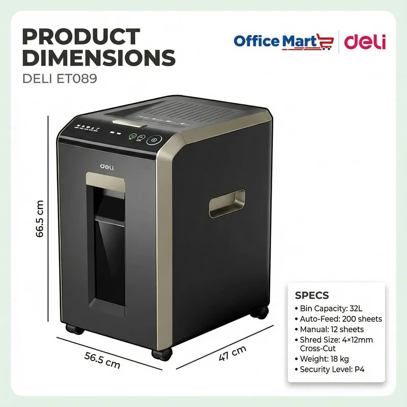 DELI ET089 paper shredder dimensions 66.5cm x 56.5cm x 47cm with 32L bin capacity Malaysia