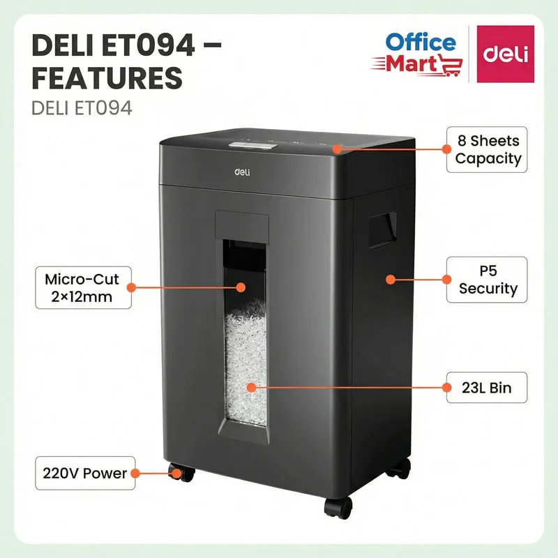 DELI ET094 paper shredder features 8 sheets capacity P5 security 23L bin Malaysia