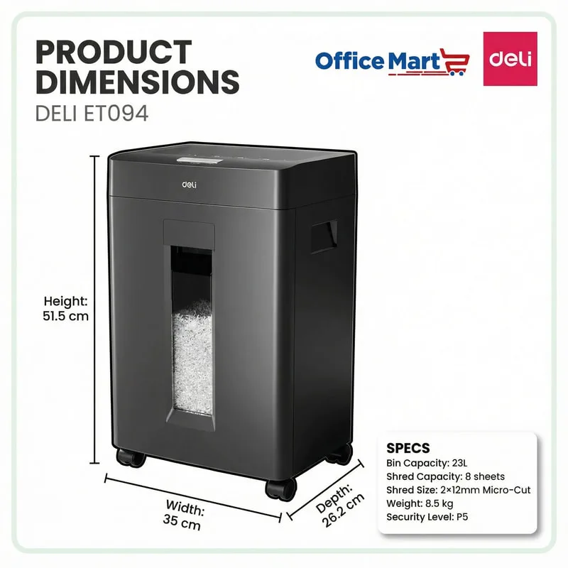 DELI ET094 paper shredder dimensions 51.5cm x 35cm x 26.2cm P5 micro cut shredder Malaysia