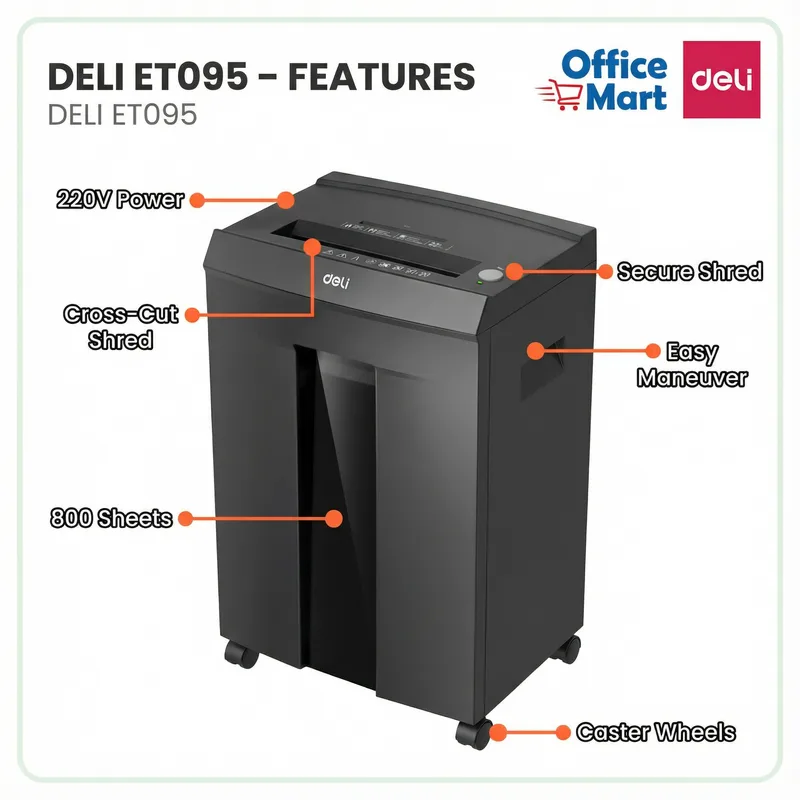 DELI ET095 office paper shredder features with cross cut shred, caster wheels and 220V power Malaysia