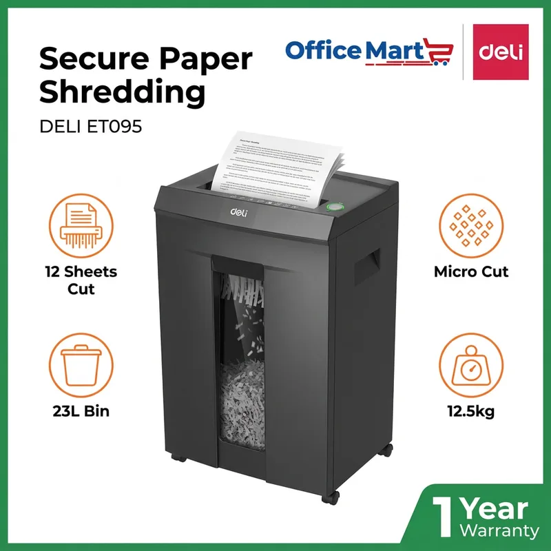 DELI ET095 secure cross cut paper shredder with 23L bin and 1 year warranty Malaysia
