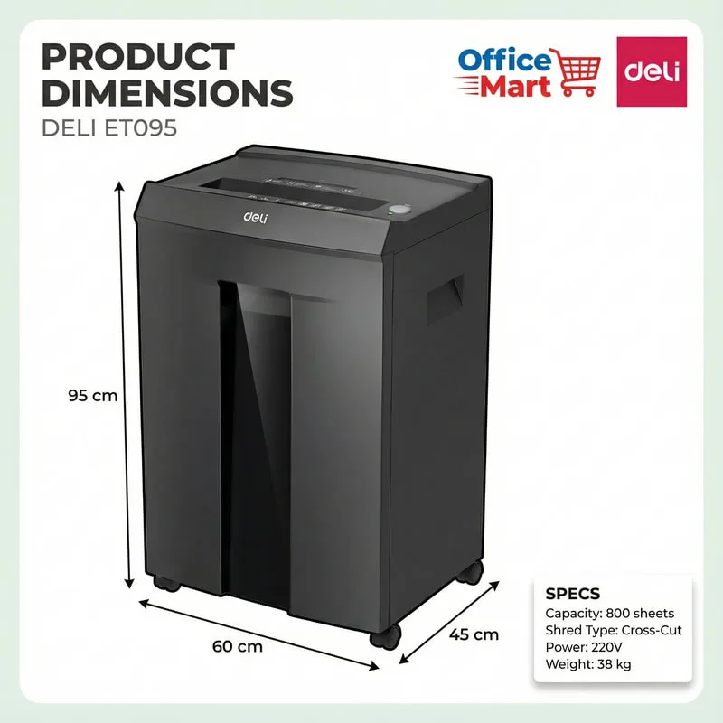 DELI ET095 paper shredder dimensions 95cm x 60cm x 45cm with 800 sheets capacity Malaysia