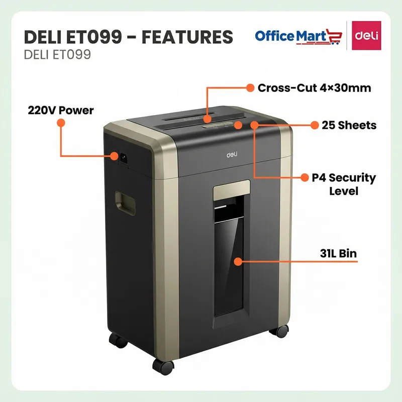 DELI ET099 Heavy Duty Paper Shredder Malaysia – 25 Sheets P4 Cross Cut Office Shredder
