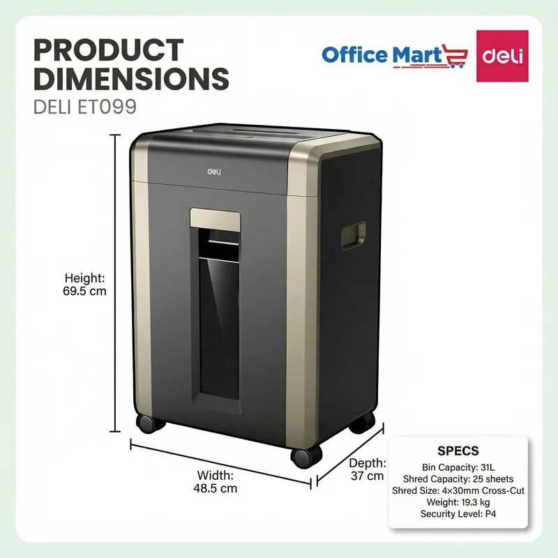 DELI ET099 Commercial Paper Shredder Dimensions & Specifications for Office Use Malaysia