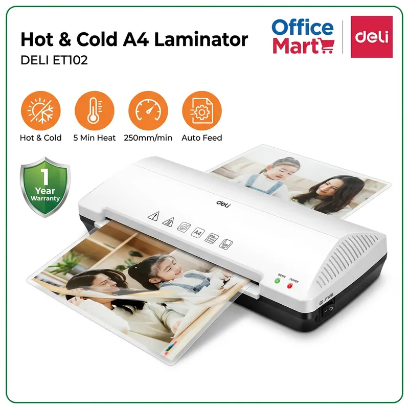 Deli ET102 hot and cold A4 laminator by Office Mart with 250mm per minute laminating speed, auto feed function and 1-year warranty
