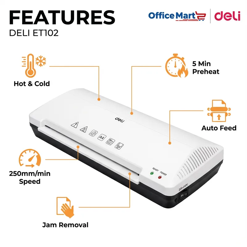 Deli ET102 A4 laminator features hot and cold lamination, 5-minute preheat, 250mm per minute speed, auto feed and jam removal system