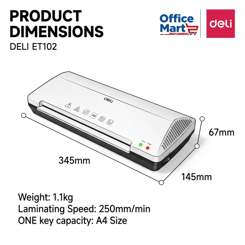 Deli ET102 A4 laminator dimensions 345 x 145 x 67 mm with 250mm per minute laminating speed and lightweight compact design