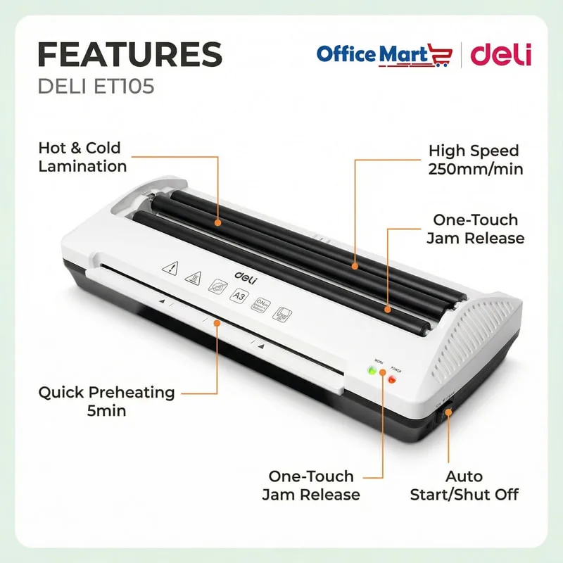Deli ET105 laminator features hot and cold lamination, 5 minute preheating, 250mm per minute speed and one-touch jam release