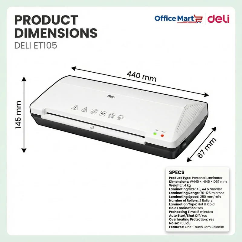 Deli ET105 A3 laminator dimensions 440 x 145 x 67 mm with 70 to 125 micron laminating range and 250mm per minute speed