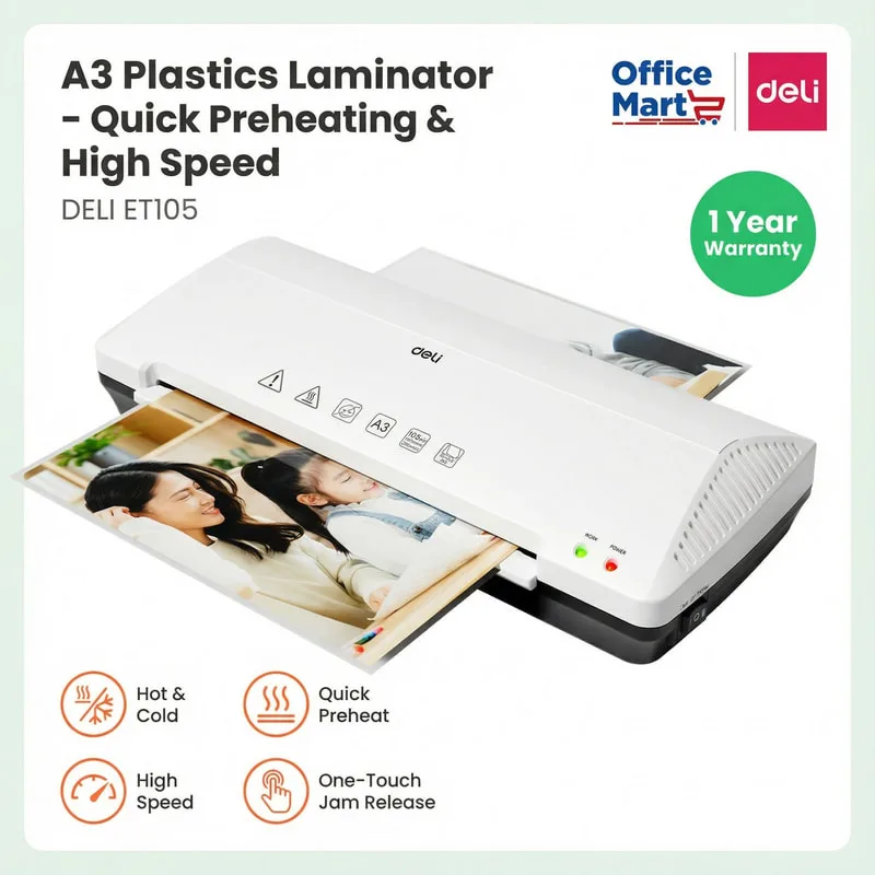 Deli ET105 A3 plastics laminator with hot and cold lamination, quick preheat, high speed operation and jam release feature