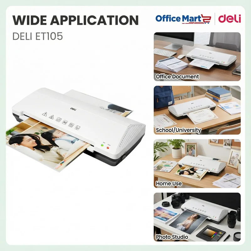 Deli ET105 A3 plastics laminator for office documents, schools, home use and photo studio applications in Malaysia