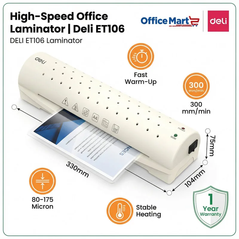 Deli ET106 high-speed office laminator with 300mm per minute laminating speed, fast warm-up and stable heating performance