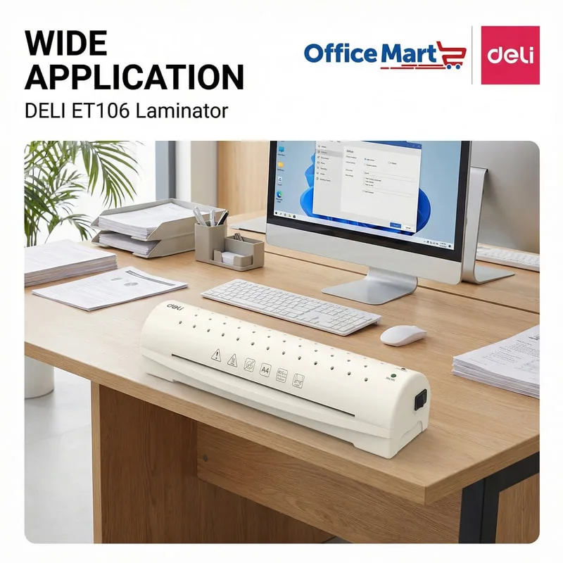 Deli ET106 A4 laminator machine in an office environment for document protection, reports, certificates and everyday business use