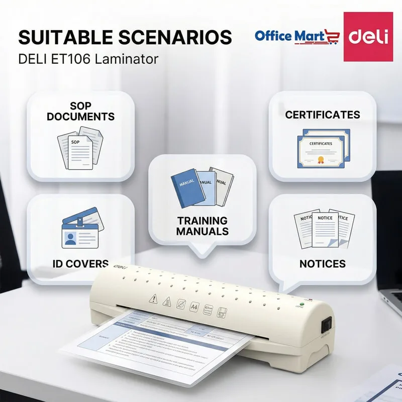 Deli ET106 A4 laminator suitable for SOP documents, certificates, ID card covers, training manuals and notices