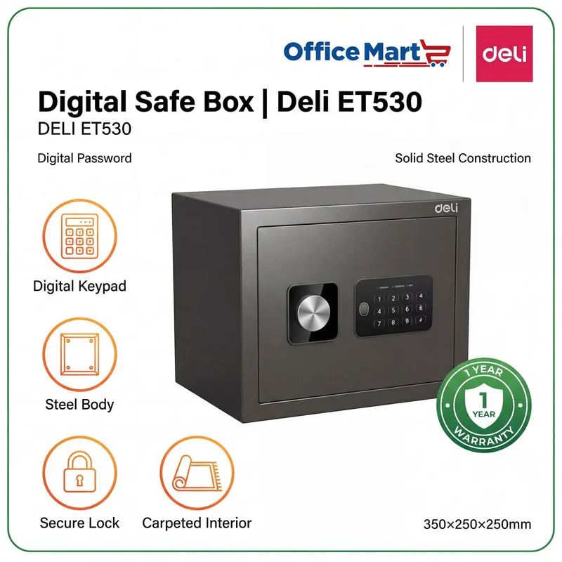 Deli ET530 digital safe box with digital keypad, steel body and carpeted interior for secure storage