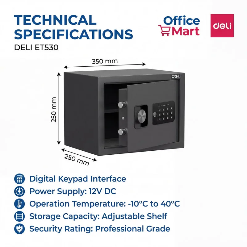 Deli ET530 digital safe technical specifications with 350mm x 250mm x 250mm compact steel safe dimensions