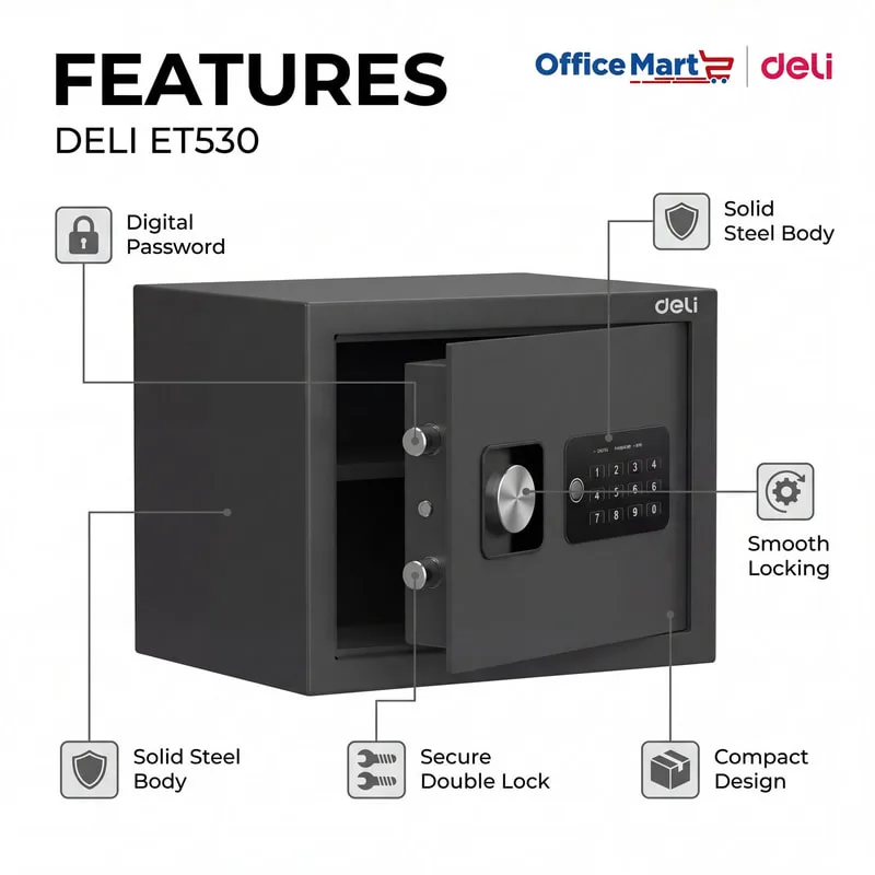Deli ET530 security features digital safe with password access, anti-pick lock and emergency key override