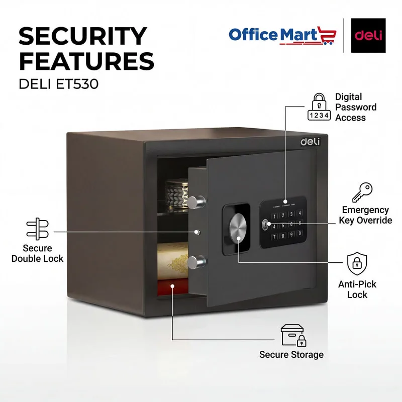 Deli ET530 compact digital safe features with solid steel body, secure double lock and smooth locking system