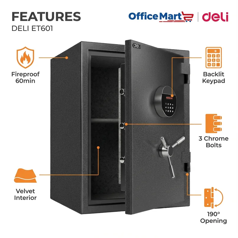 Deli ET601 fireproof digital safe box features Malaysia with keypad, chrome bolts and velvet interior
