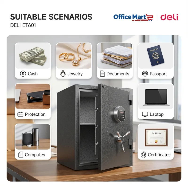 Deli ET601 digital fireproof safe box for cash documents passport jewellery and certificates