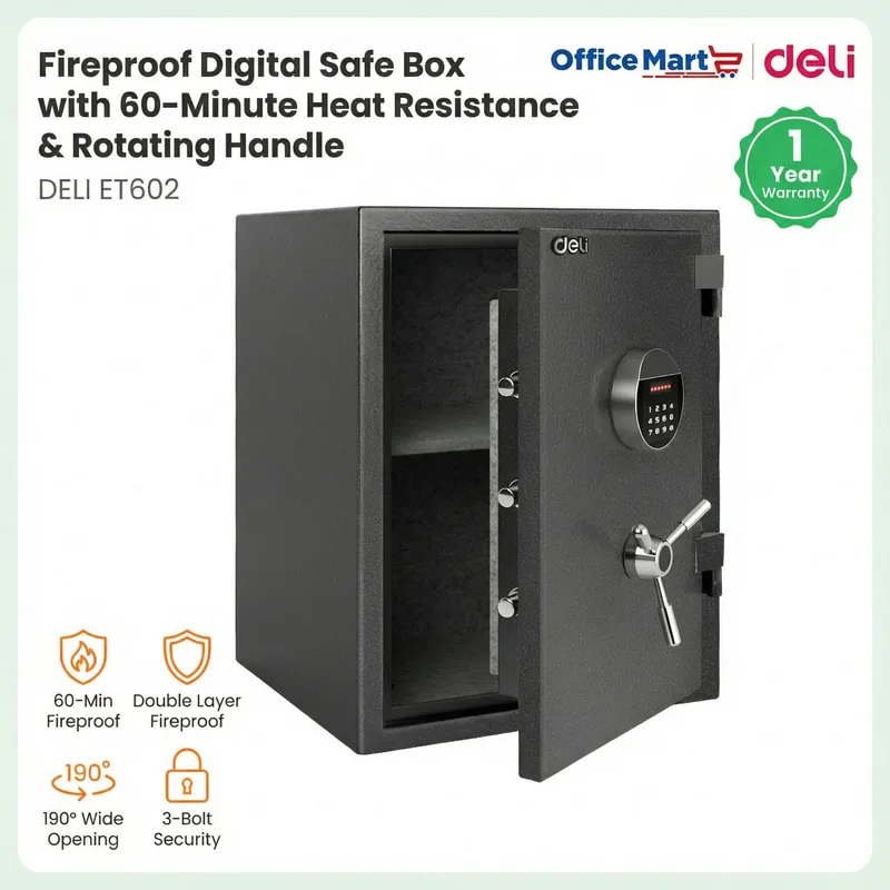 Deli ET602 fireproof digital safe box with 60 minute heat resistance and rotating handle