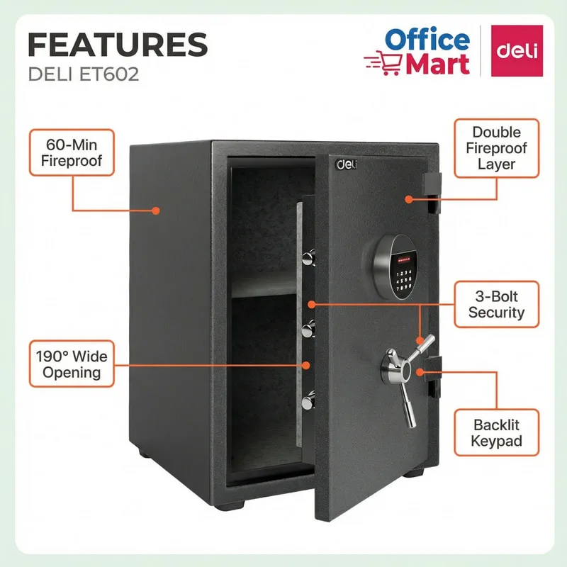 Deli ET602 fireproof safe box features with double fireproof layer keypad and 3 bolt security